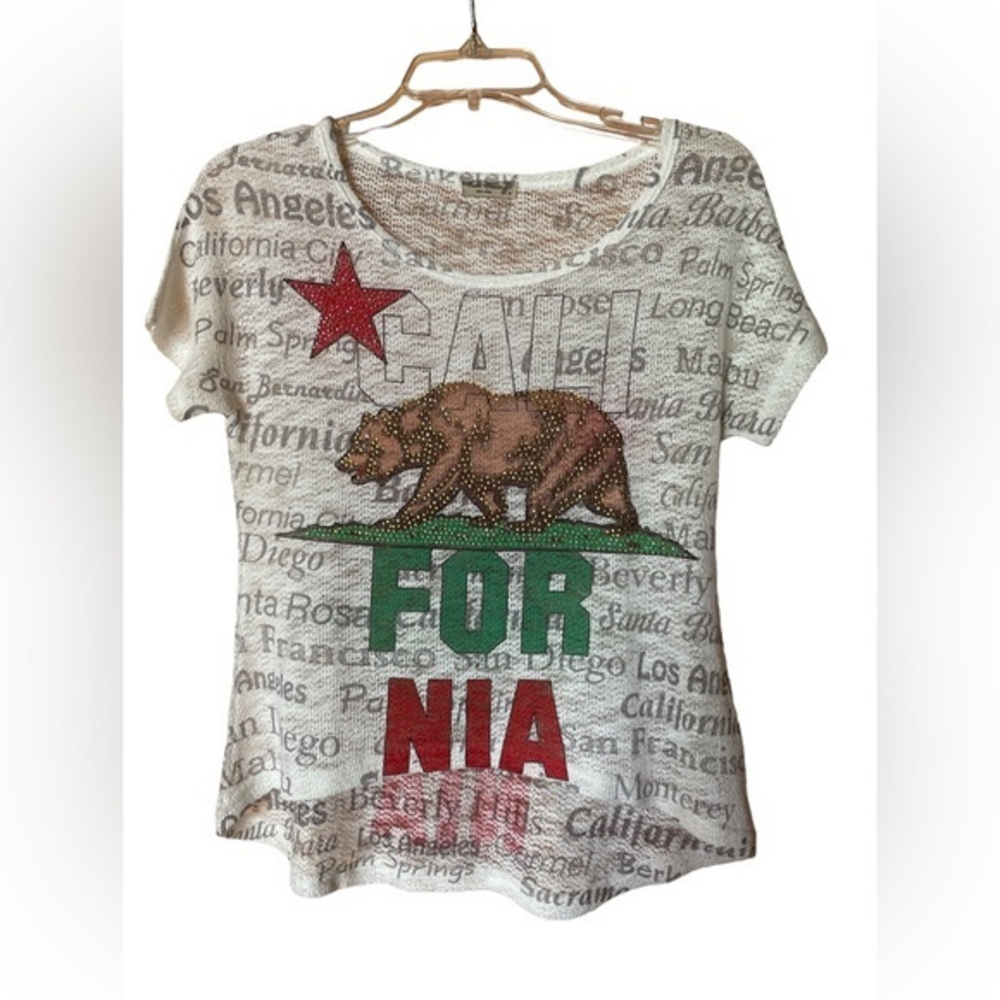 Sweet Gisele Women’s California Flag‎ Print Knit Woven Top Sheer Small USA Made